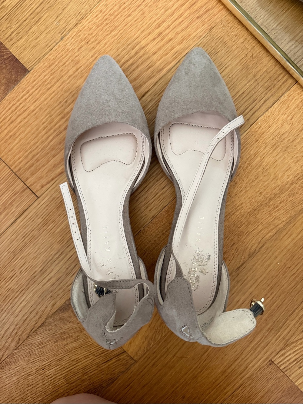 Kelly & Katie Pointed Toe Suede Ankle Strap Flats in Taupe